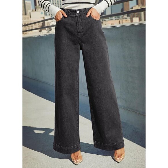 Women's Dark Grey Waisted Wide Leg Denim Jeans Stretchy Loose Pants with Pockets - Picture 3 of 6